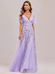 Grace | Fitted V-Neck Ruffle Sleeve Prom Dress