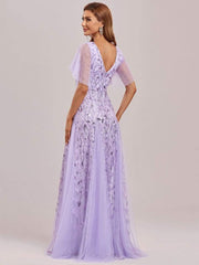 Grace | Fitted V-Neck Ruffle Sleeve Prom Dress