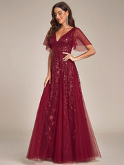 Grace | Fitted V-Neck Ruffle Sleeve Prom Dress