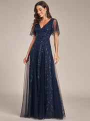 Grace | Fitted V-Neck Ruffle Sleeve Prom Dress