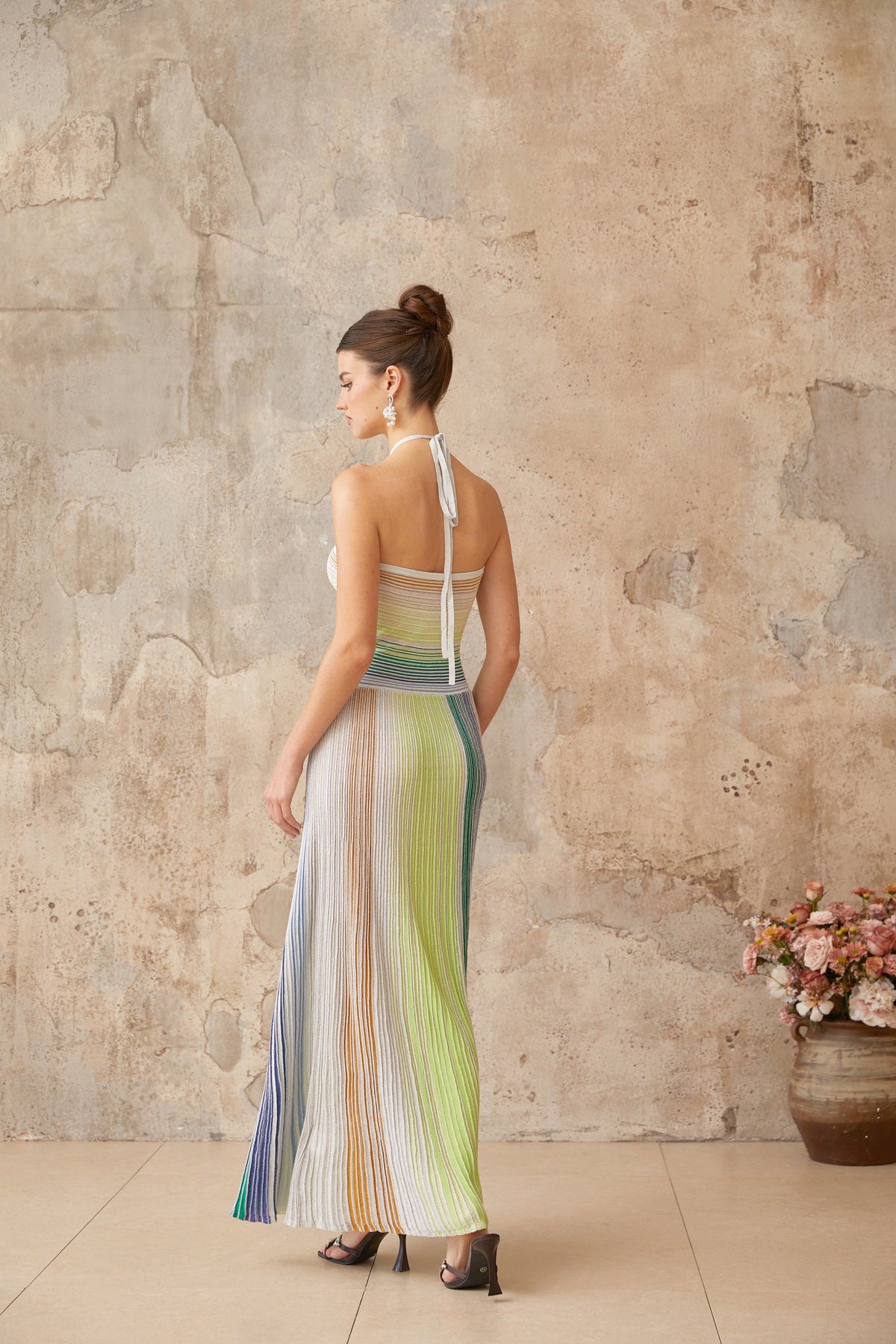 Helene | Sleeveless Halterneck Striped Maxi Dress