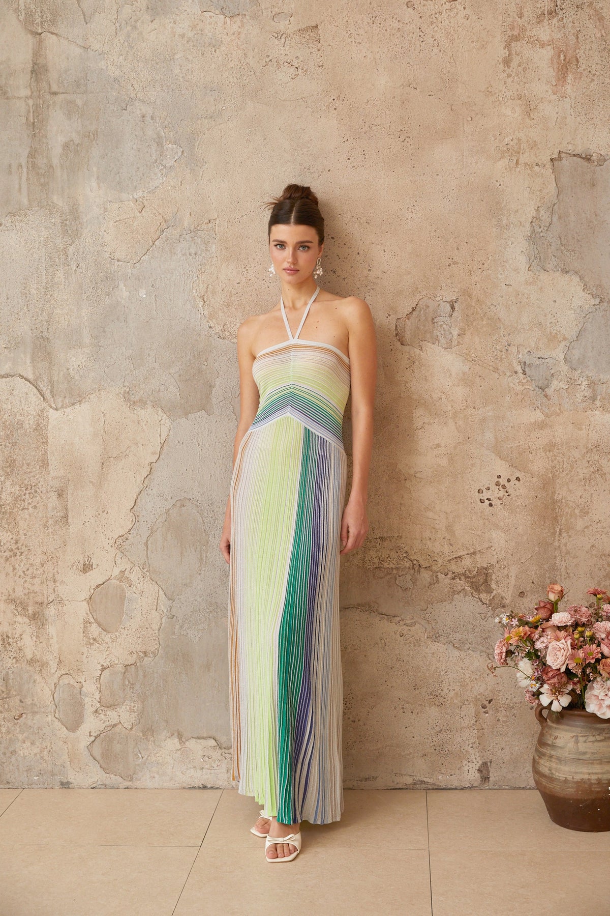 Helene | Sleeveless Halterneck Striped Maxi Dress