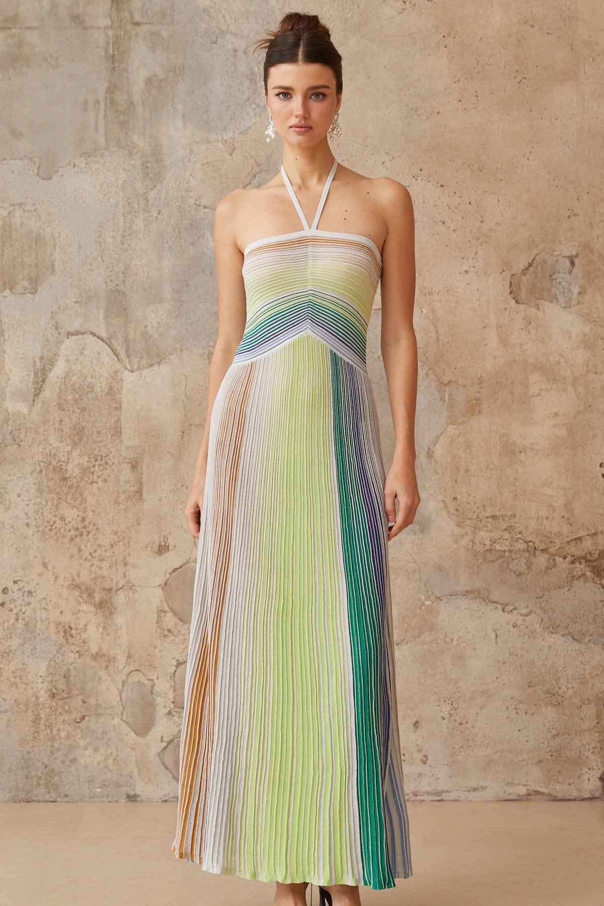 Helene | Sleeveless Halterneck Striped Maxi Dress