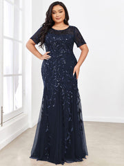 Henrietta | Fishtail Prom Dress with Sequin Leaf Pattern and Half Sleeves