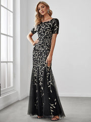 Henrietta | Fishtail Prom Dress with Sequin Leaf Pattern and Half Sleeves