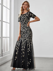 Henrietta | Fishtail Prom Dress with Sequin Leaf Pattern and Half Sleeves