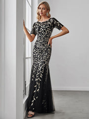 Henrietta | Fishtail Prom Dress with Sequin Leaf Pattern and Half Sleeves