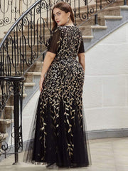 Henrietta | Fishtail Prom Dress with Sequin Leaf Pattern and Half Sleeves