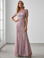 Henrietta | Fishtail Prom Dress with Sequin Leaf Pattern and Half Sleeves