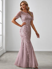 Henrietta | Fishtail Prom Dress with Sequin Leaf Pattern and Half Sleeves