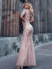Henrietta | Fishtail Prom Dress with Sequin Leaf Pattern and Half Sleeves