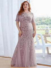 Henrietta | Fishtail Prom Dress with Sequin Leaf Pattern and Half Sleeves
