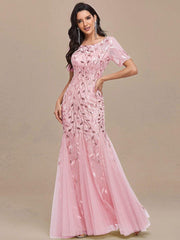 Henrietta | Fishtail Prom Dress with Sequin Leaf Pattern and Half Sleeves