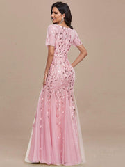 Henrietta | Fishtail Prom Dress with Sequin Leaf Pattern and Half Sleeves