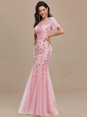Henrietta | Fishtail Prom Dress with Sequin Leaf Pattern and Half Sleeves