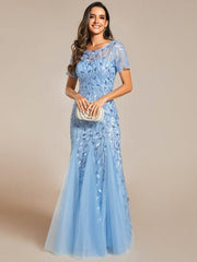 Henrietta | Fishtail Prom Dress with Sequin Leaf Pattern and Half Sleeves