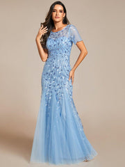 Henrietta | Fishtail Prom Dress with Sequin Leaf Pattern and Half Sleeves