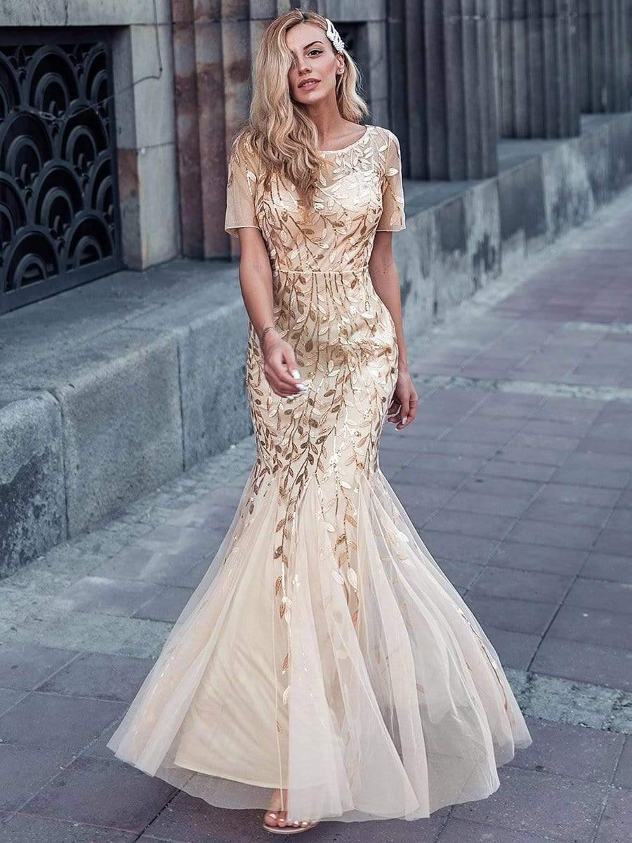 Henrietta | Fishtail Prom Dress with Sequin Leaf Pattern and Half Sleeves