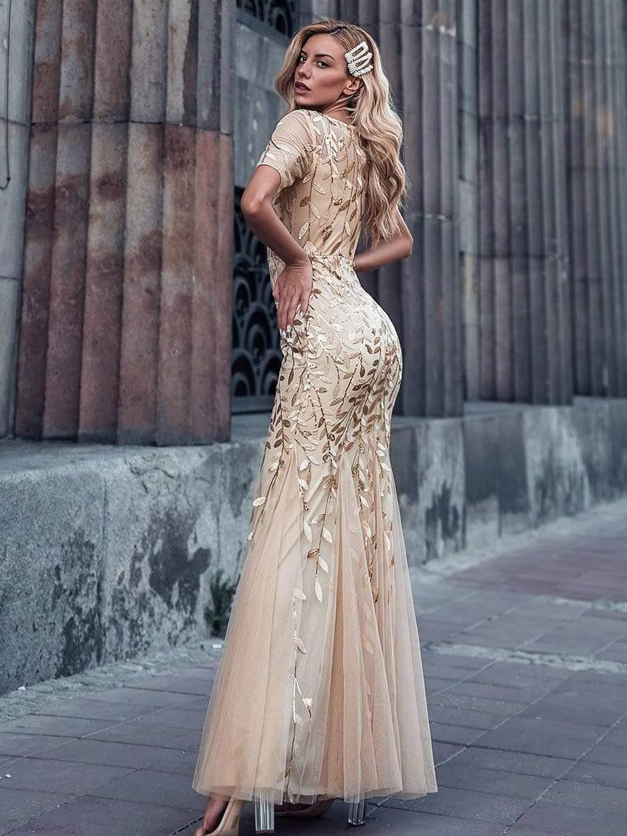 Henrietta | Fishtail Prom Dress with Sequin Leaf Pattern and Half Sleeves