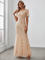 Henrietta | Fishtail Prom Dress with Sequin Leaf Pattern and Half Sleeves