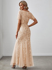 Henrietta | Fishtail Prom Dress with Sequin Leaf Pattern and Half Sleeves