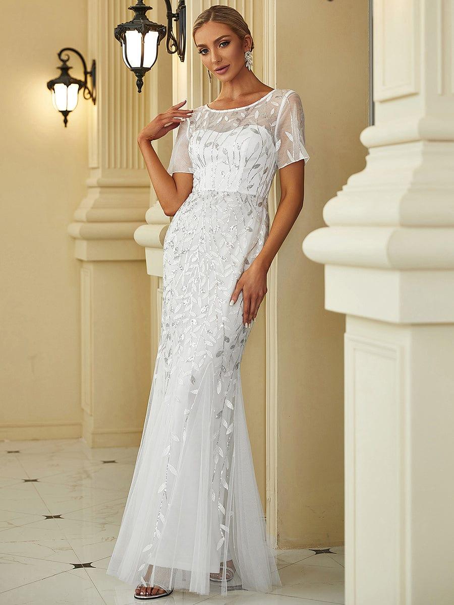 Henrietta | Fishtail Prom Dress with Sequin Leaf Pattern and Half Sleeves