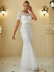 Henrietta | Fishtail Prom Dress with Sequin Leaf Pattern and Half Sleeves