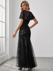 Henrietta | Fishtail Prom Dress with Sequin Leaf Pattern and Half Sleeves