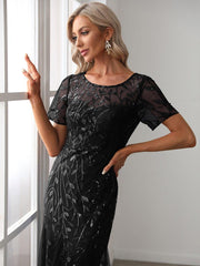Henrietta | Fishtail Prom Dress with Sequin Leaf Pattern and Half Sleeves
