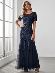 Henrietta | Fishtail Prom Dress with Sequin Leaf Pattern and Half Sleeves