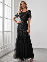 Henrietta | Fishtail Prom Dress with Sequin Leaf Pattern and Half Sleeves