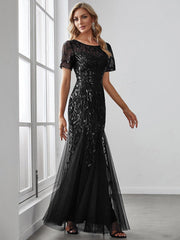 Henrietta | Fishtail Prom Dress with Sequin Leaf Pattern and Half Sleeves