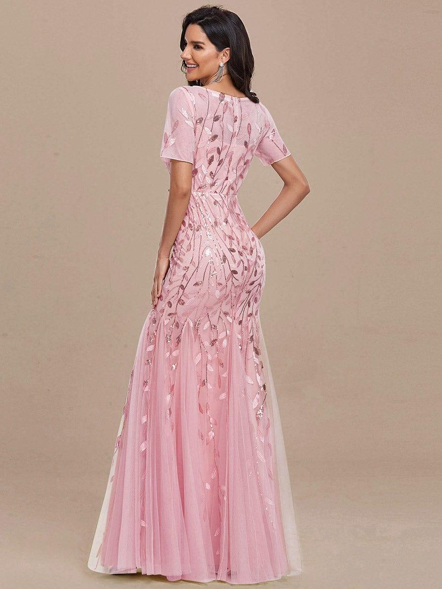 Henrietta | Fishtail Prom Dress with Sequin Leaf Pattern and Half Sleeves