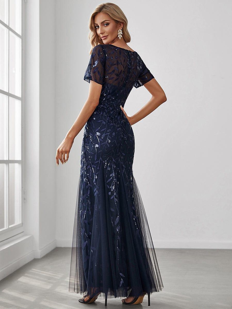 Henrietta | Fishtail Prom Dress with Sequin Leaf Pattern and Half Sleeves