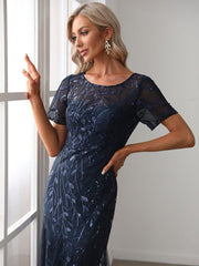 Henrietta | Fishtail Prom Dress with Sequin Leaf Pattern and Half Sleeves