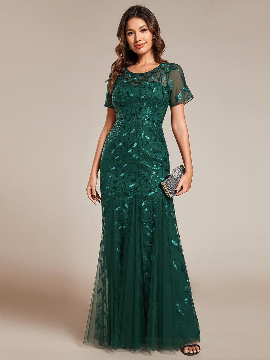 Henrietta | Fishtail Prom Dress with Sequin Leaf Pattern and Half Sleeves