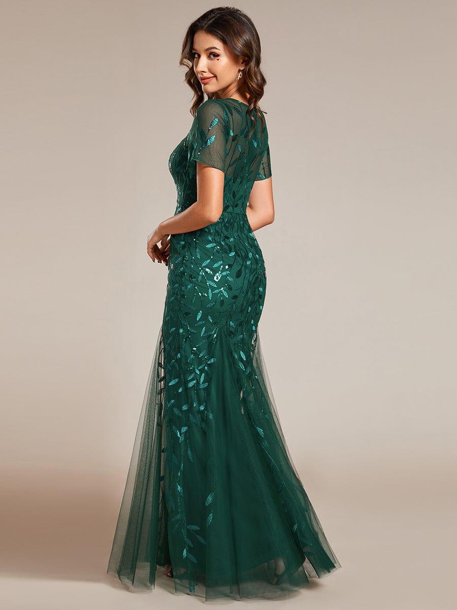 Henrietta | Fishtail Prom Dress with Sequin Leaf Pattern and Half Sleeves