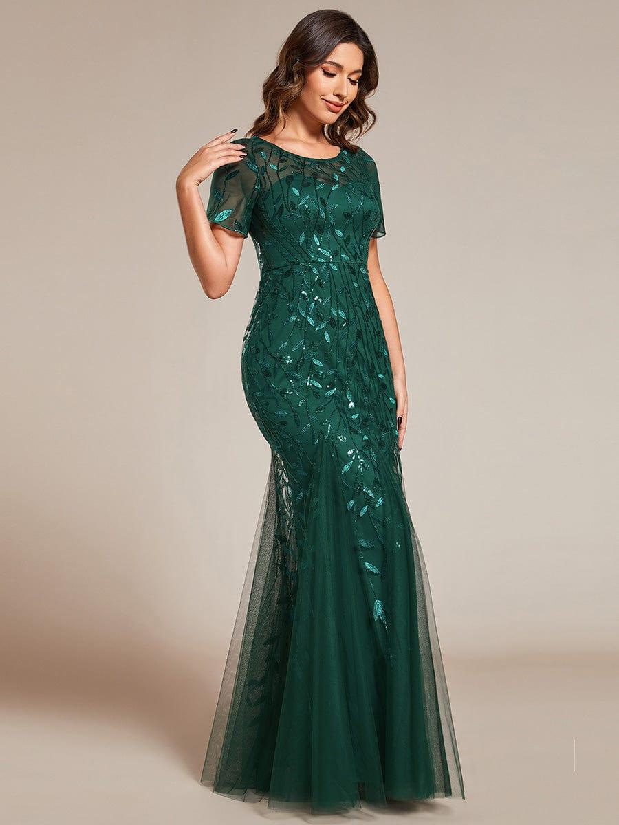 Henrietta | Fishtail Prom Dress with Sequin Leaf Pattern and Half Sleeves