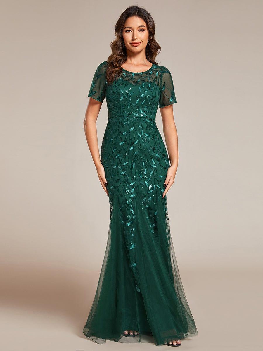 Henrietta | Fishtail Prom Dress with Sequin Leaf Pattern and Half Sleeves