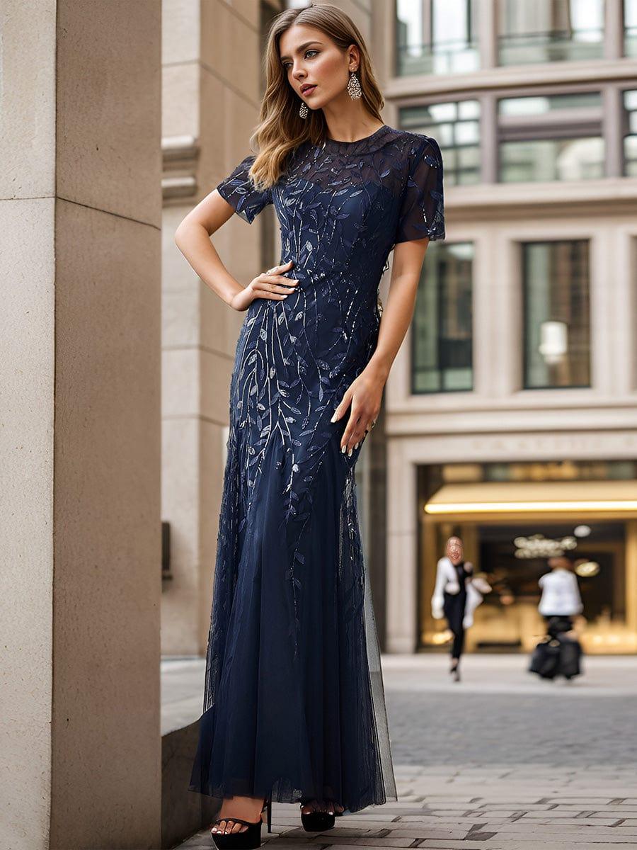 Henrietta | Fishtail Prom Dress with Sequin Leaf Pattern and Half Sleeves