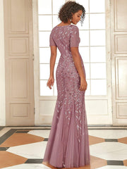 Henrietta | Fishtail Prom Dress with Sequin Leaf Pattern and Half Sleeves