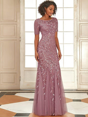 Henrietta | Fishtail Prom Dress with Sequin Leaf Pattern and Half Sleeves