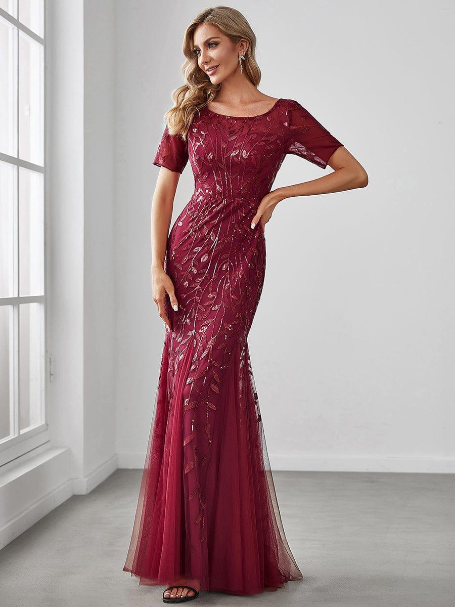 Henrietta | Fishtail Prom Dress with Sequin Leaf Pattern and Half Sleeves