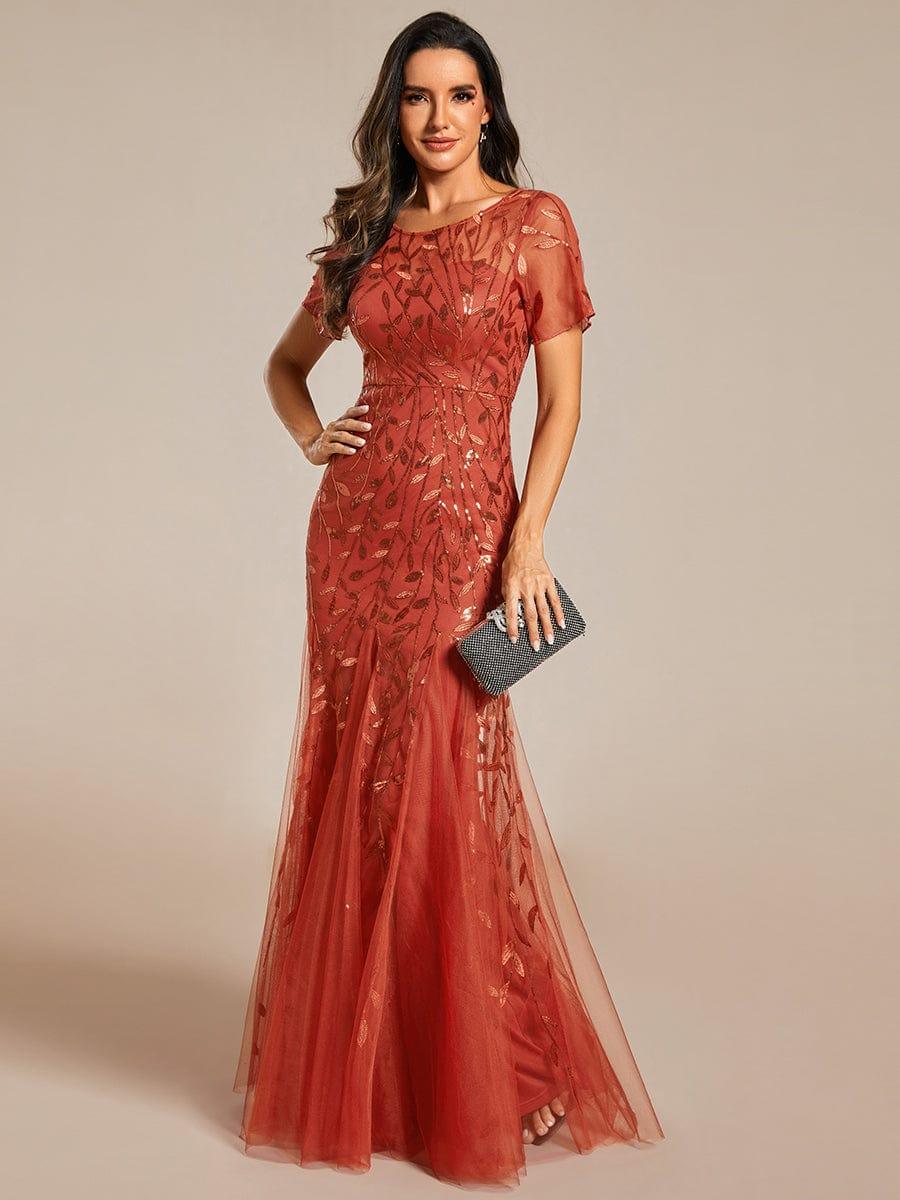 Henrietta | Fishtail Prom Dress with Sequin Leaf Pattern and Half Sleeves