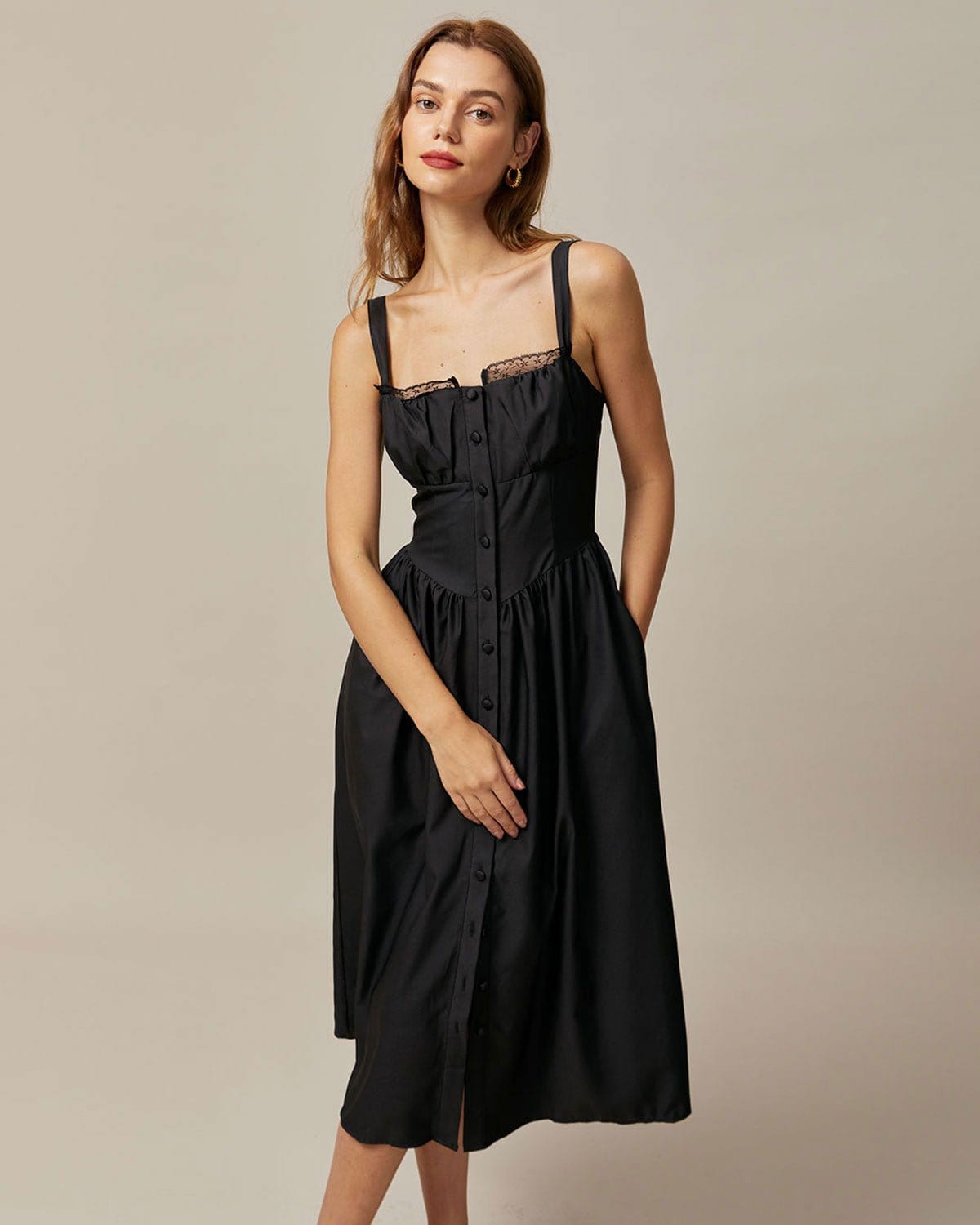 Ilaria | Square Neck Lace Prom Dress Midi Fit