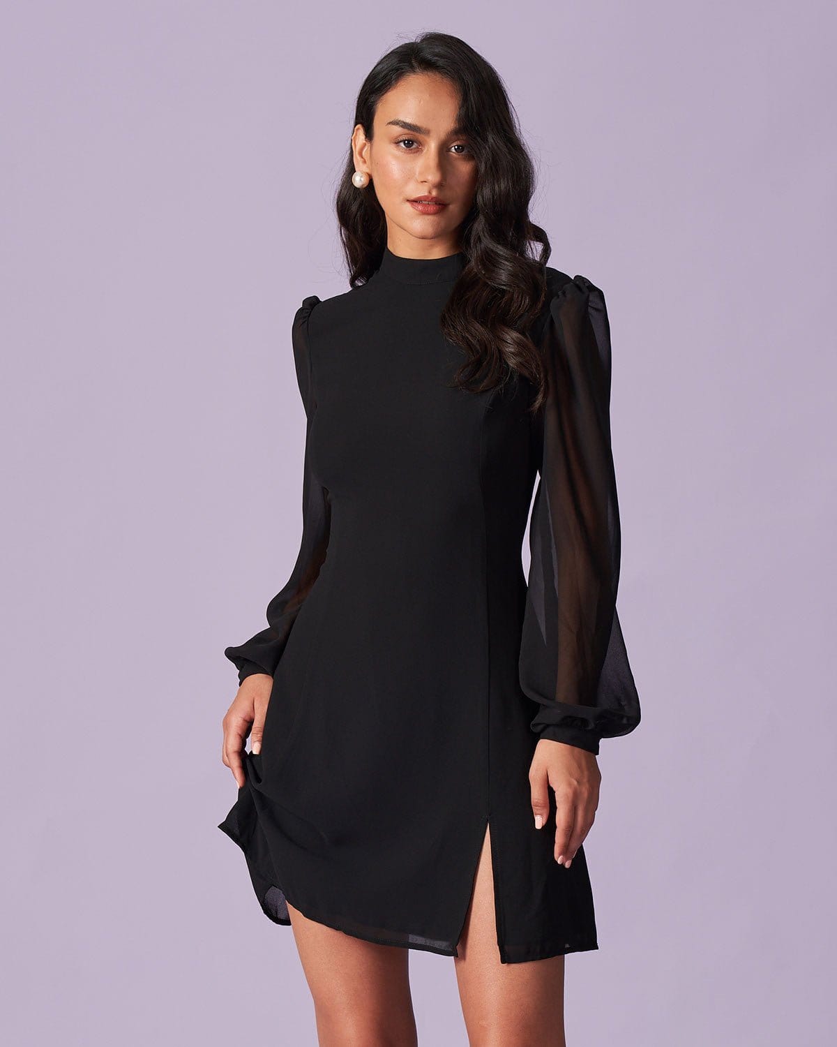 India | Sheer Stand Collar Slit Mini Dress Concert Outfit