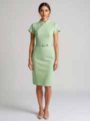Iona | Asymmetrical Belted Wedding Guest Midi Dress - Green / S(4-6)