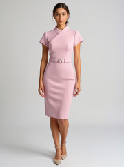 Iona | Asymmetrical Belted Wedding Guest Midi Dress - Pink / S(4-6)