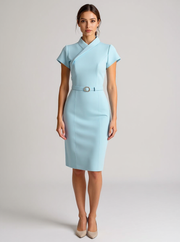 Iona | Asymmetrical Belted Wedding Guest Midi Dress - Sky Blue / XS(2)