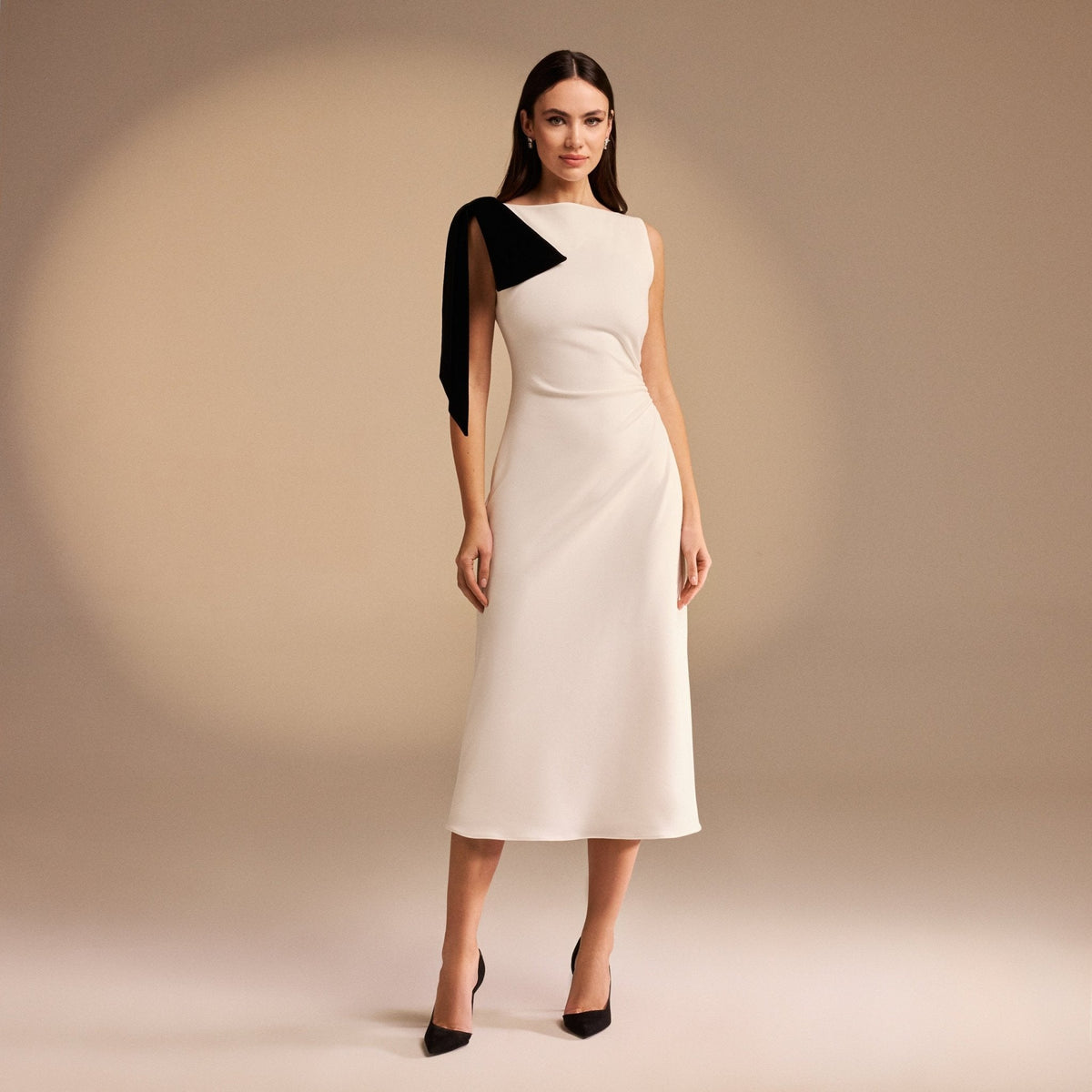 Iris | Midi Fit Crepe Wedding Guest Dress with Shoulder Bow